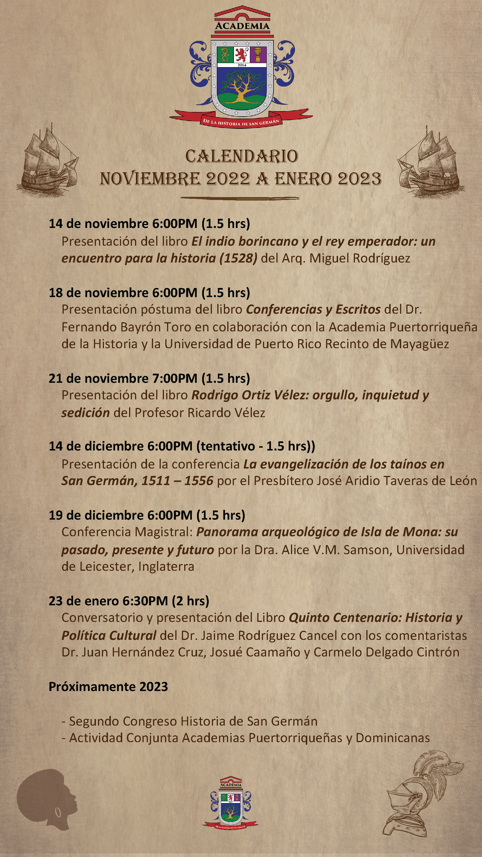 Calendario de eventos de la Academia de la Historia de San Germán, desde noviembre de 2022 a enero de 2023